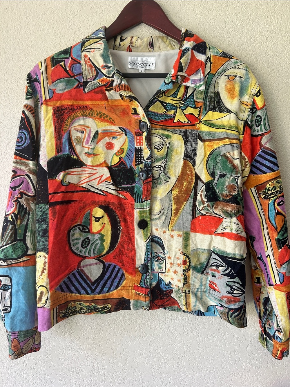 Kaktus Multicolor Artistic Faces Linen Blend Button-Up Jacket, Sz S